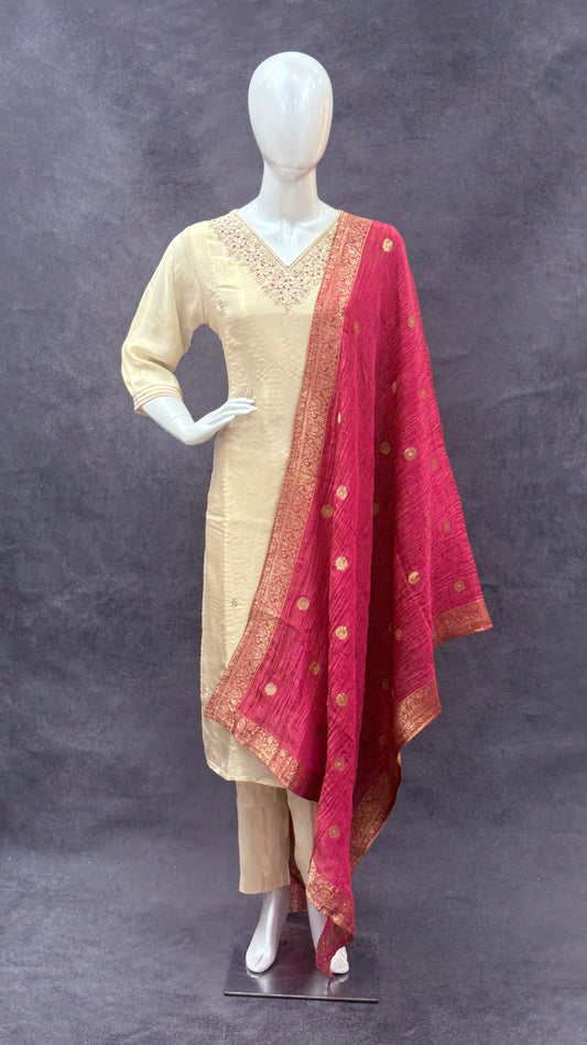 Gold Premium Tissue Silk Salwar Suit with Tissue Crush Dupatta
