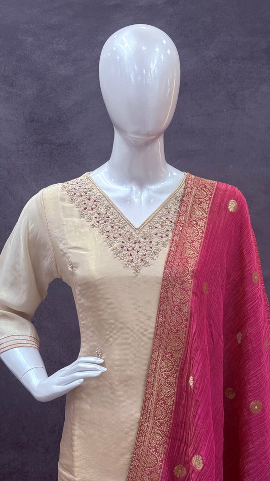 Gold Premium Tissue Silk Salwar Suit with Tissue Crush Dupatta