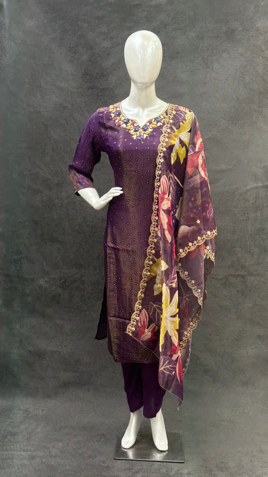 Purple Premium Tissue Silk Salwar Suit with Digital Print & Organza Dupatta