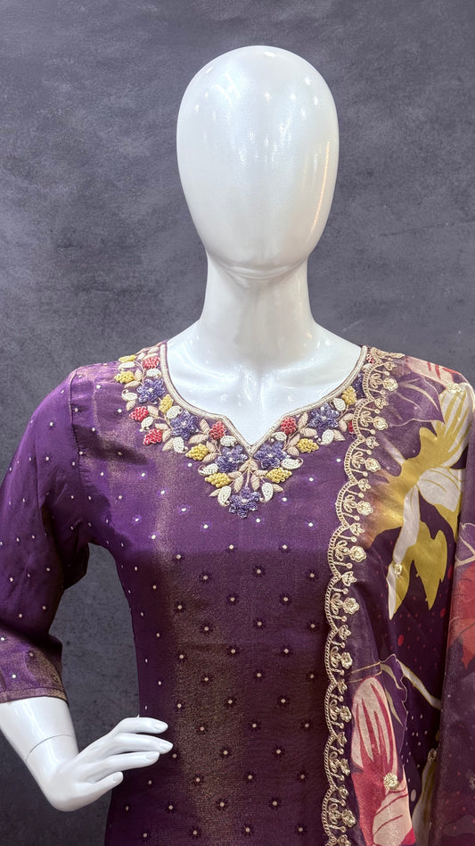 Purple Premium Tissue Silk Salwar Suit with Digital Print & Organza Dupatta