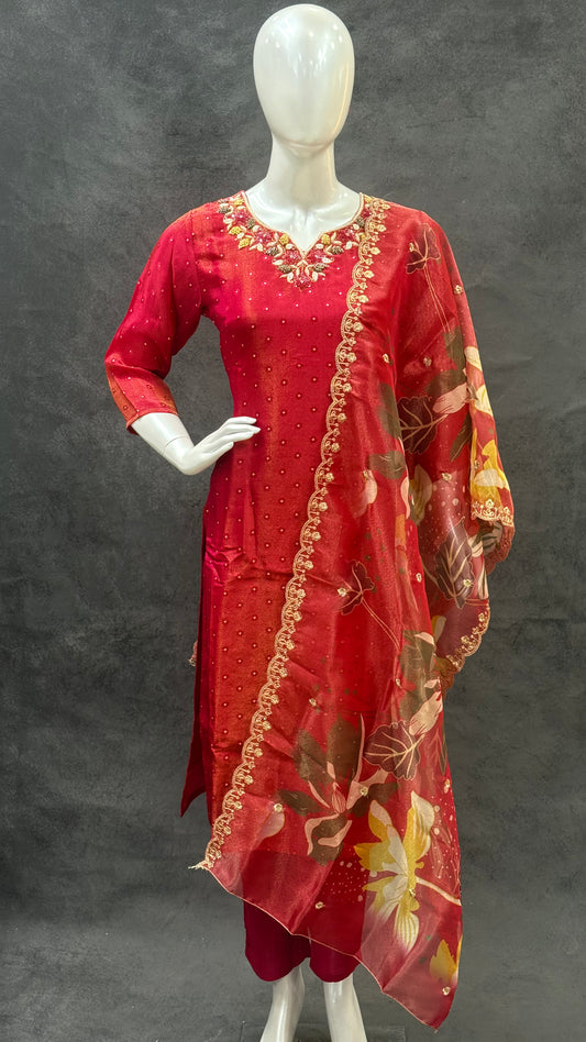 Maroon Premium Tissue Silk Salwar Suit with Digital Print & Organza Dupatta