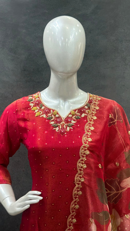 Maroon Premium Tissue Silk Salwar Suit with Digital Print & Organza Dupatta