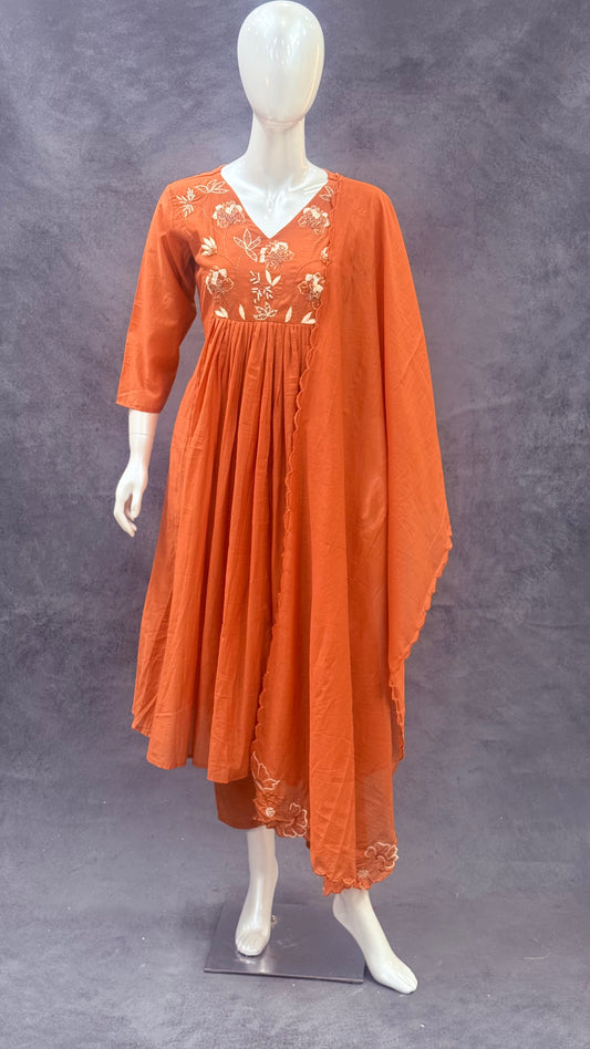 Rust Mul Chanderi A-line Salwar Suit