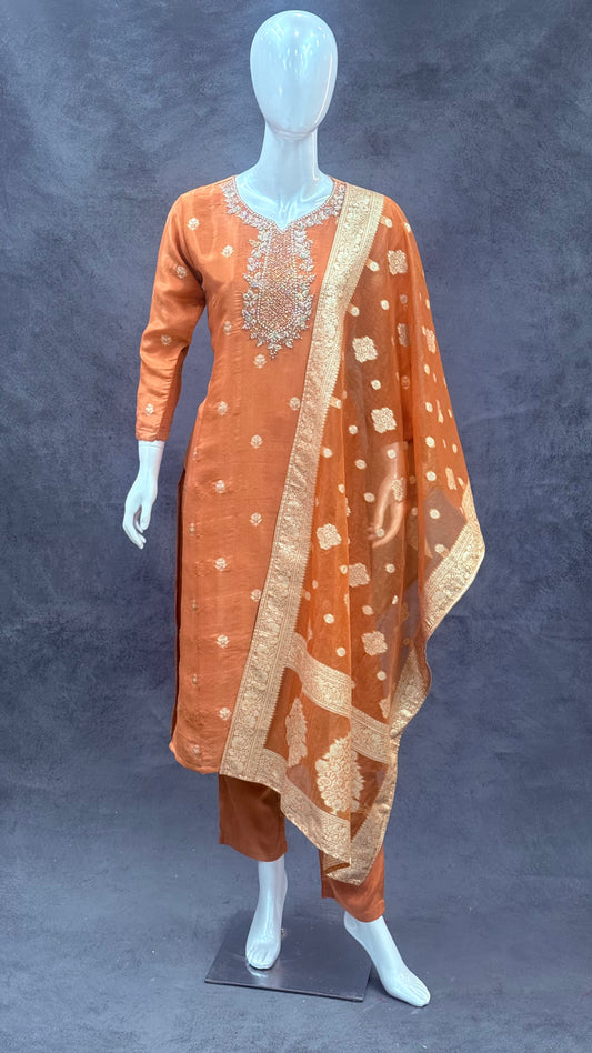 Rust Tissue silk with Organza Dupatta