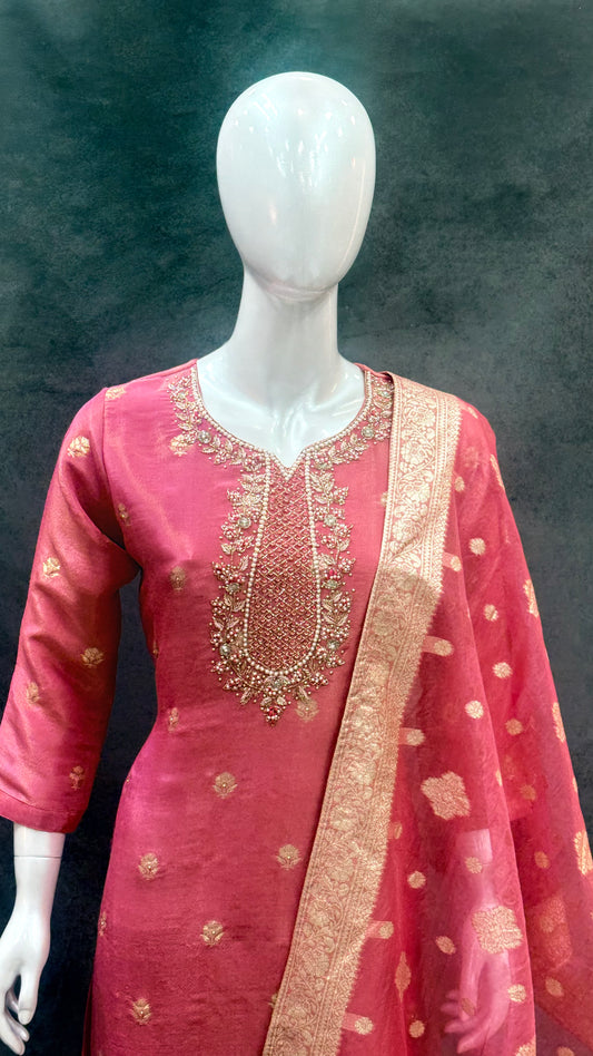 Pink Tissue silk with Organza Dupatta