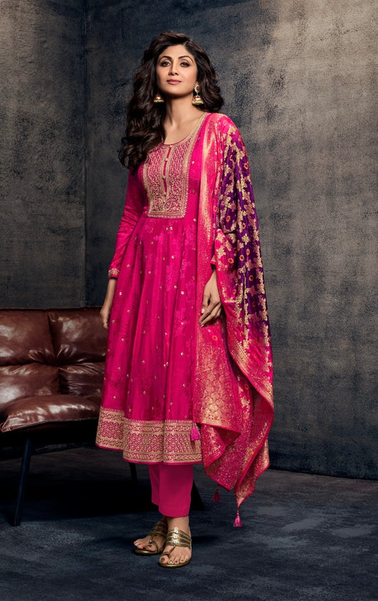 Rani Pink Silk Anarkali Suit