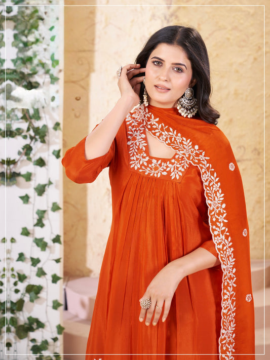 Rust Orange Chinon Anarkali Suit
