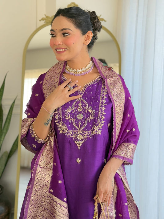 Purple Dola Silk- Handwork Salwar Suit