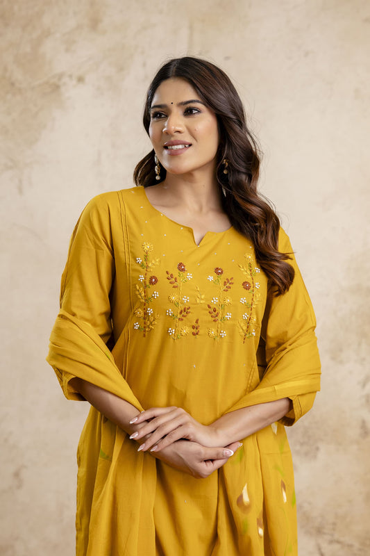 Mustard Cotton Suit with hand Brush Paint Dupatta