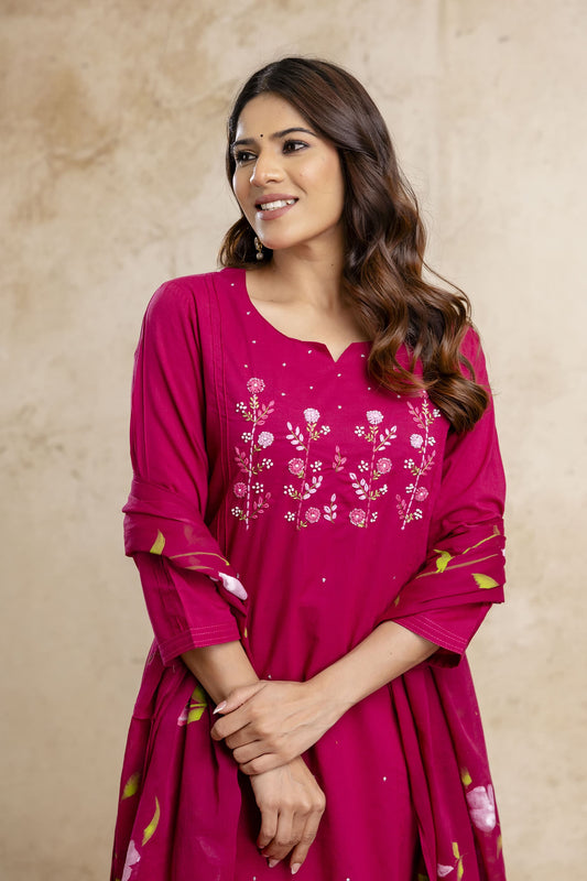 Rani Pink Cotton Suit with hand Brush Paint Dupatta