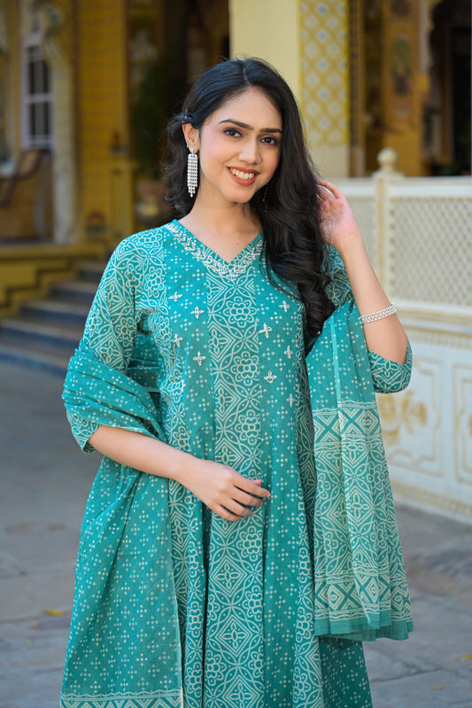 Green Cotton Anarkali Suit