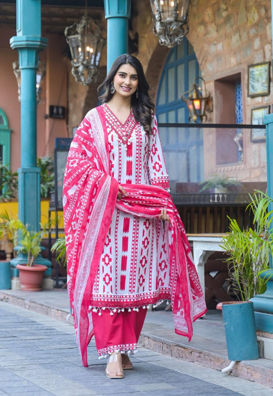 Pink Cotton Suit with Pom Pom