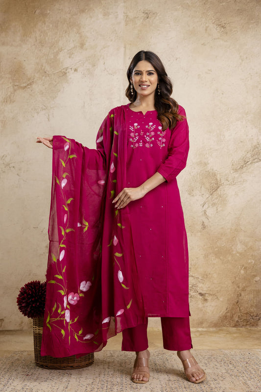 Rani Pink Cotton Suit with hand Brush Paint Dupatta