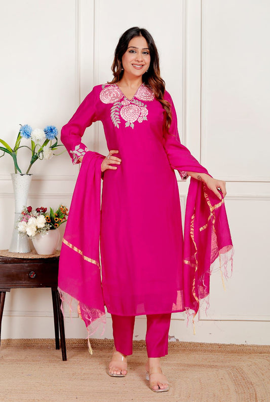 Premium Mul Chanderi Suit - Pink