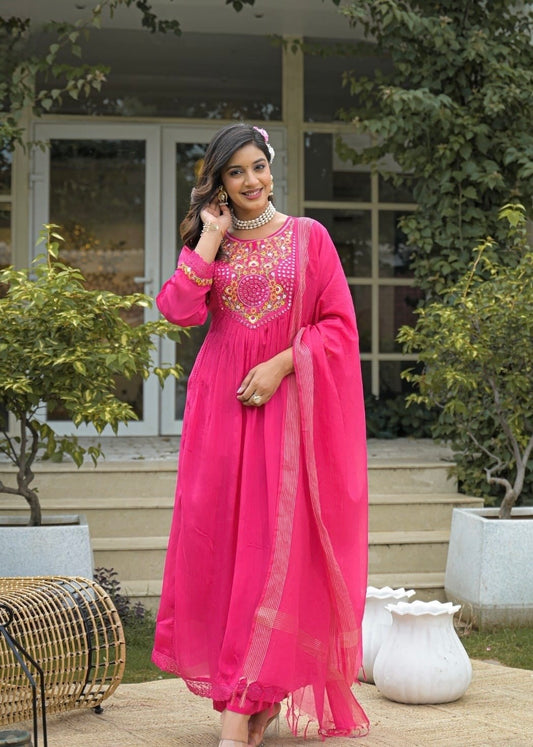 Premium Chinon A- line Suit – Pink