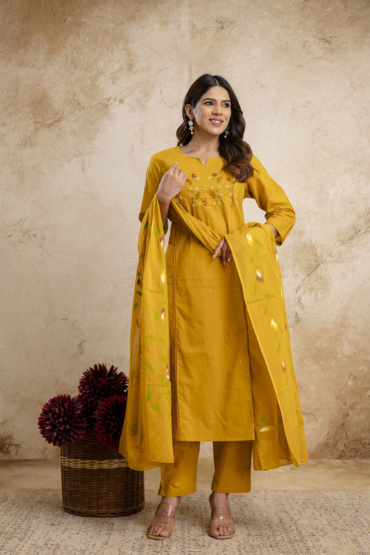 Mustard Cotton Suit with hand Brush Paint Dupatta