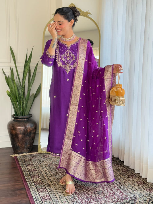 Purple Dola Silk- Handwork Salwar Suit