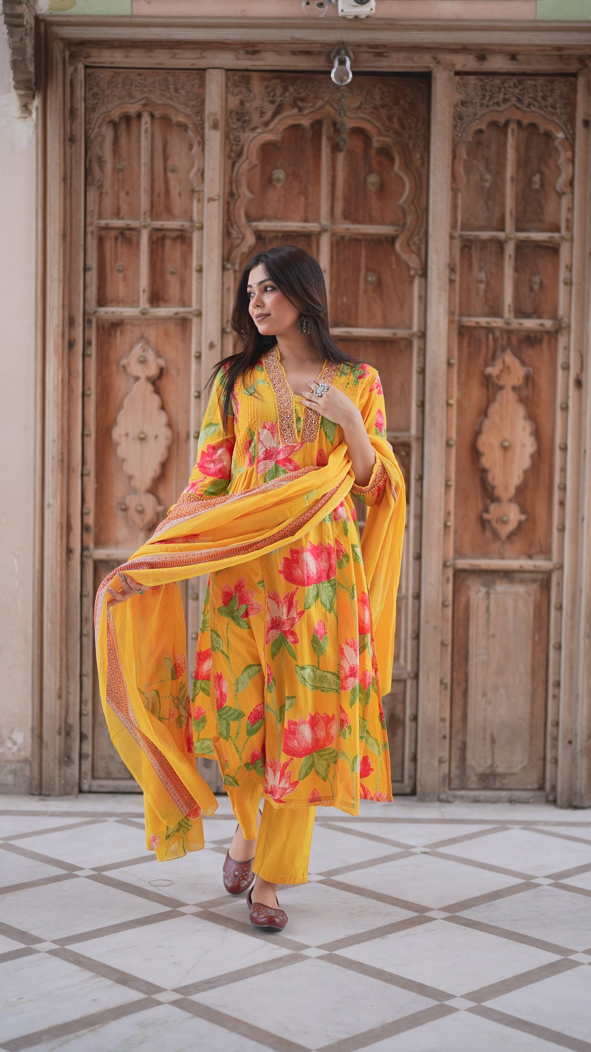 Lotus print Yellow Cotton Suit
