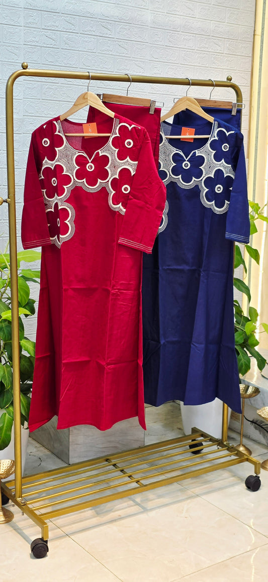 Premium Cotton Straight Suit Set – Ruby Pink & Royal Blue
