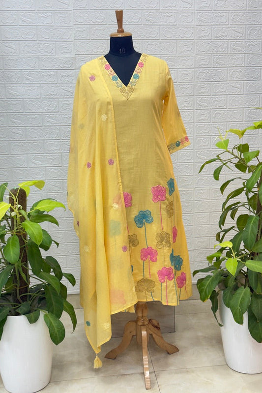 Premium Floral Embroidered A-Line Suit Set – Sunshine Yellow