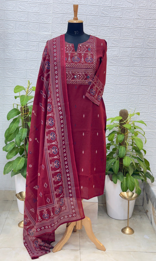 Premium Floral Printed Cotton Suit Set with Elegant Border Dupatta – Maroon