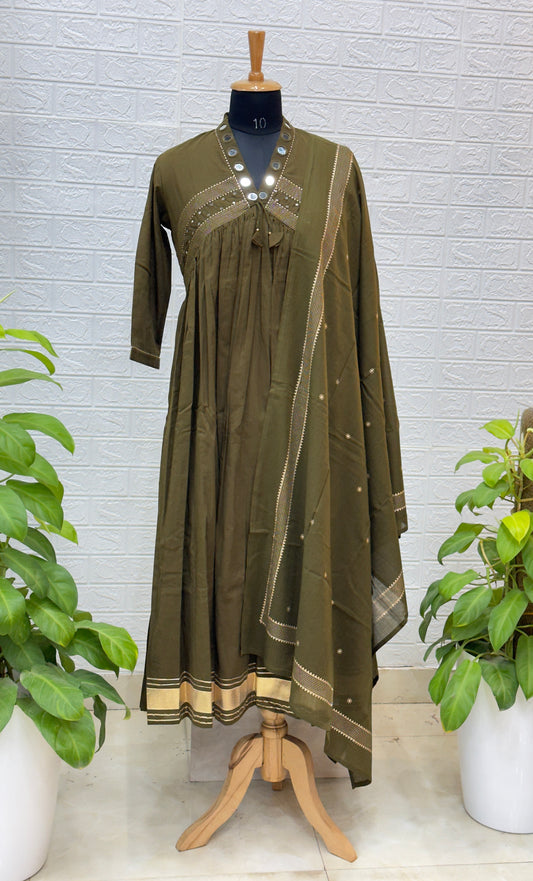 Premium Mirror Work Cotton Anarkali Suit Set with Elegant Dupatta – Olive Green
