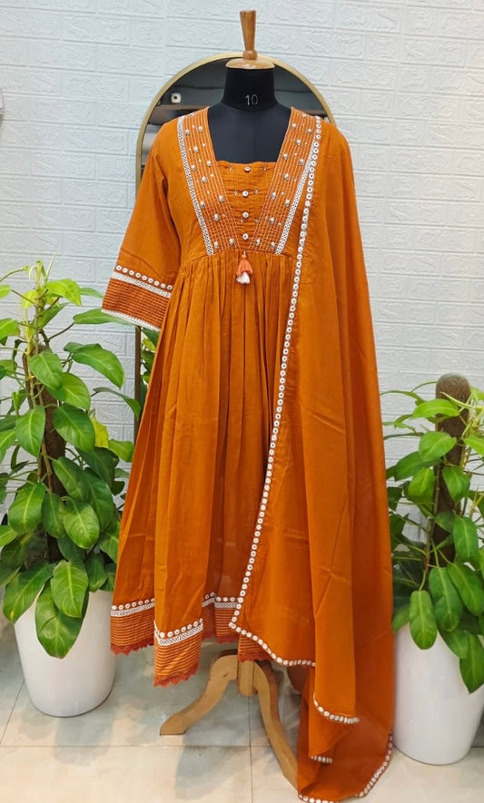 Premium Mul Cotton Partywear Anarkali Suit with Mirror Work & Elegant Dupatta – Burnt Orange