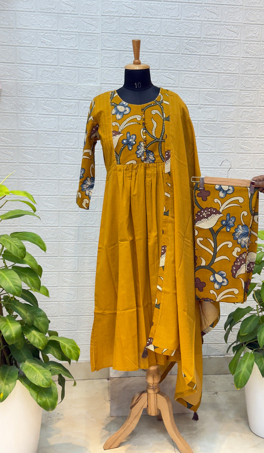 Premium Printed Cotton Anarkali Suit Set with Elegant Dupatta – Mustard Yellow