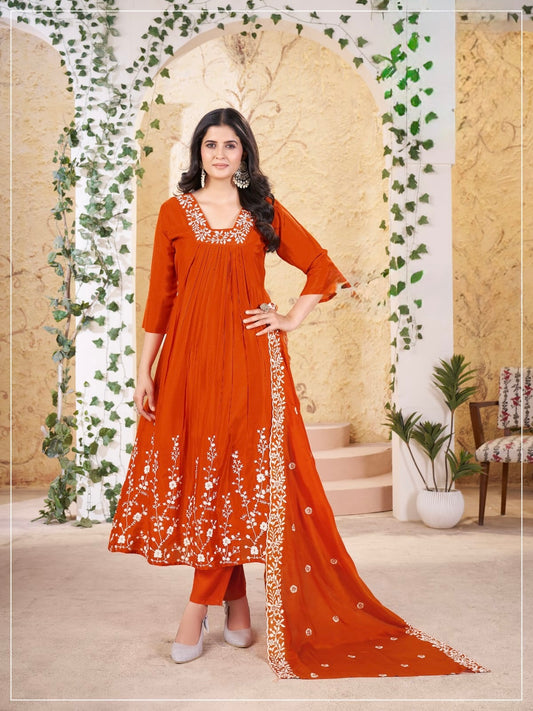 Rust Orange Chinon Anarkali Suit