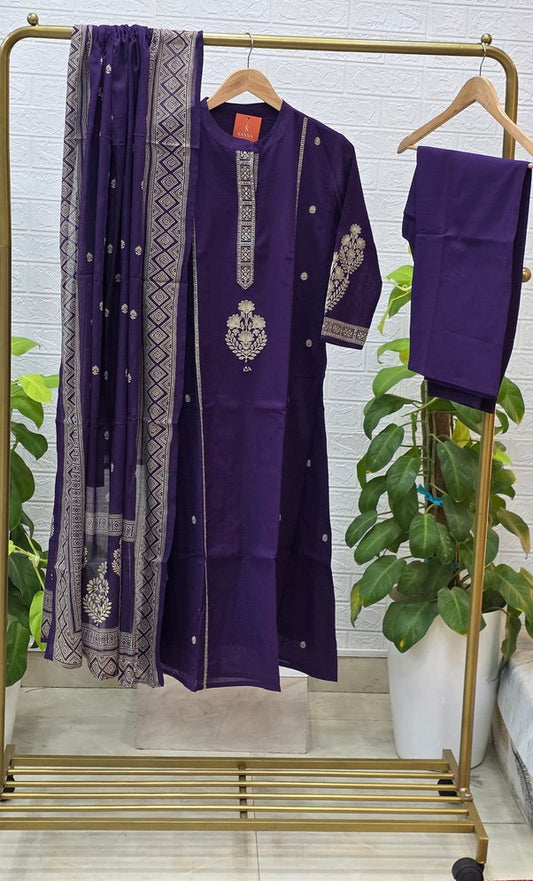 Embroidered Cotton Straight Suit Set – Royal Purple & Bottle Green