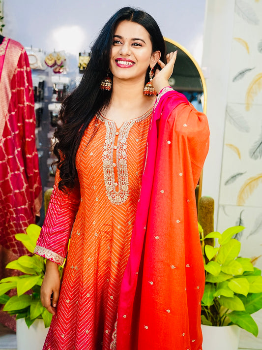 Orange Ombre Anarkali Silk Suit