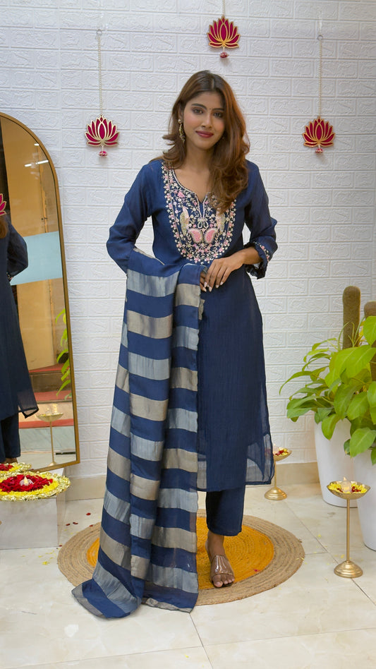 Mul Chanderi Suit with Tissue Dupatta – Navy Blue