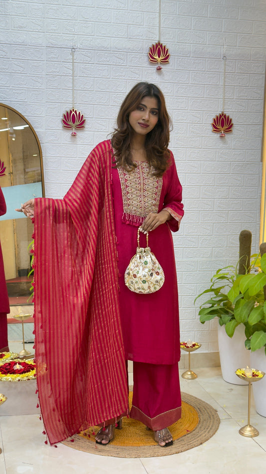 Dola Silk Suit with Exquisite Handcrafted Detailing & Tissue Palazzo – Rose Crimson Elegance