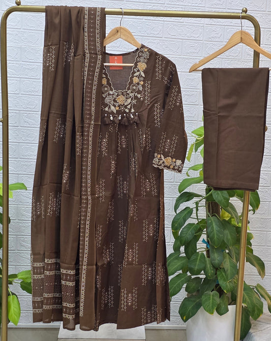 Embroidered Cotton Suit Set – Chocolate Brown