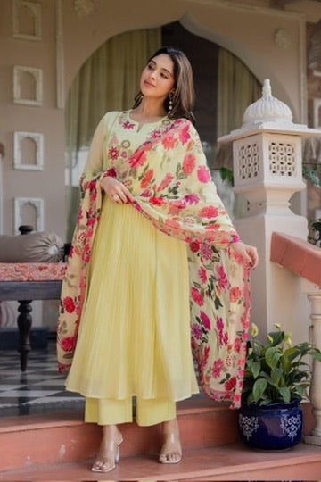 Premium Mul Cotton A-Line Suit Set with All-Over Embroidery & Digital Organza Dupatta – Lemon Yellow