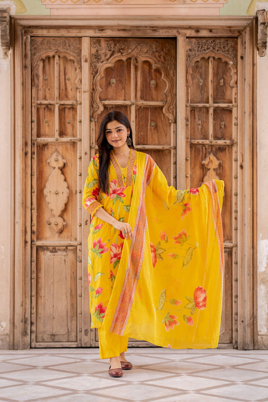 Lotus print Yellow Cotton Suit