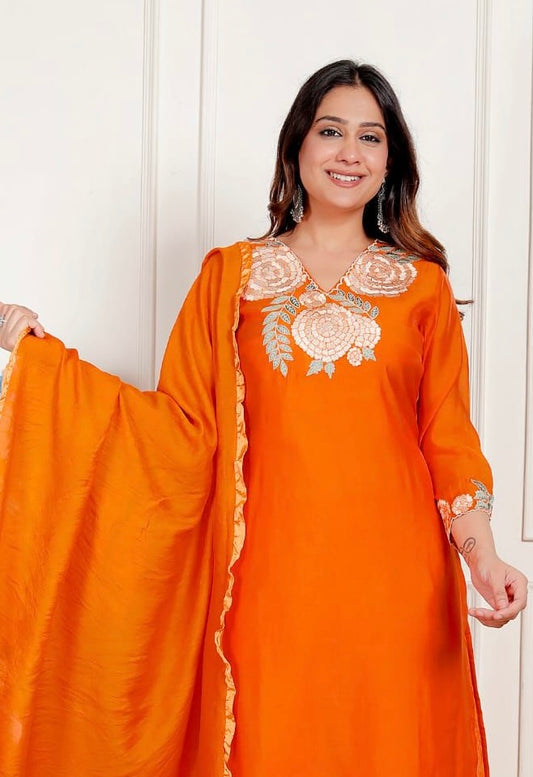 Premium Mul Chanderi Suit - Orange