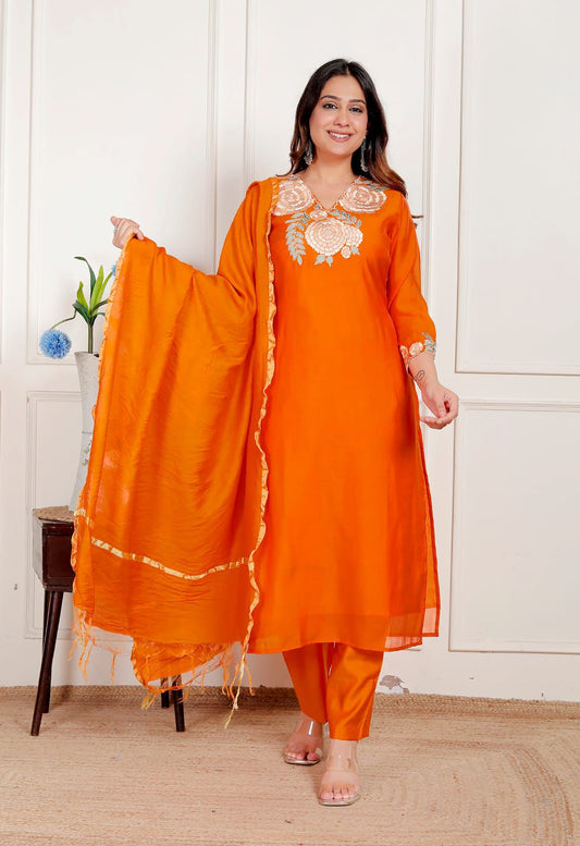 Premium Mul Chanderi Suit - Orange