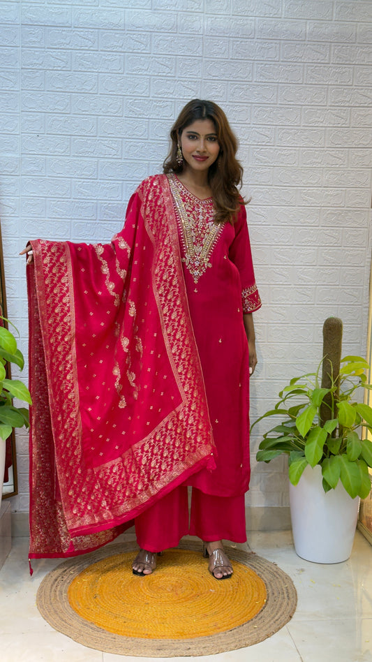 Dola Silk Suit with Banarasi Dupatta – Rani Pink
