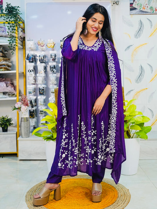 Purple Chinon Anarkali Suit