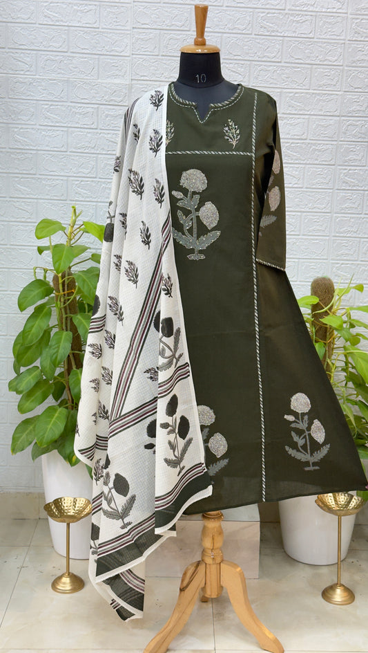 Premium Floral Embroidered Cotton Suit Set with Contrast Dupatta – Olive Green
