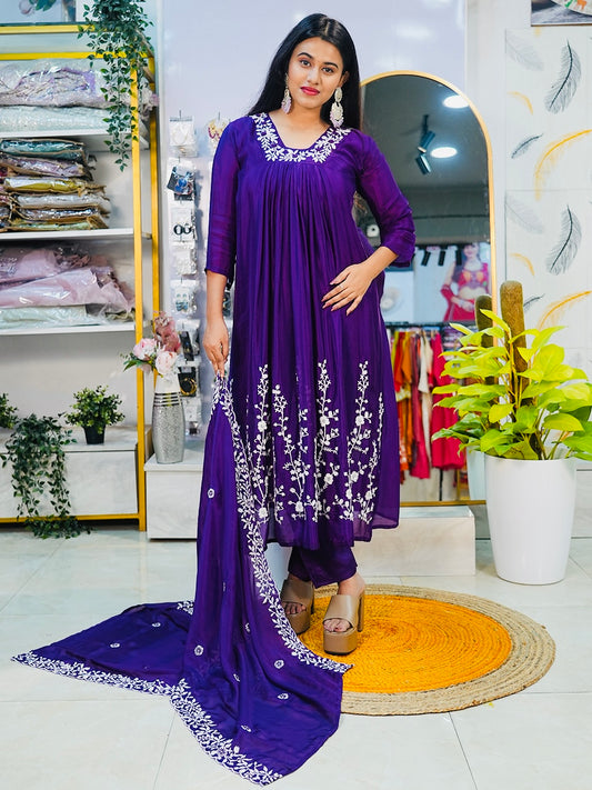 Purple Chinon Anarkali Suit