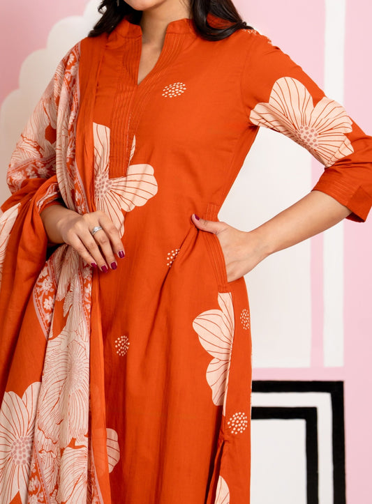 Orange Pallazo dupatta Cotton Suit