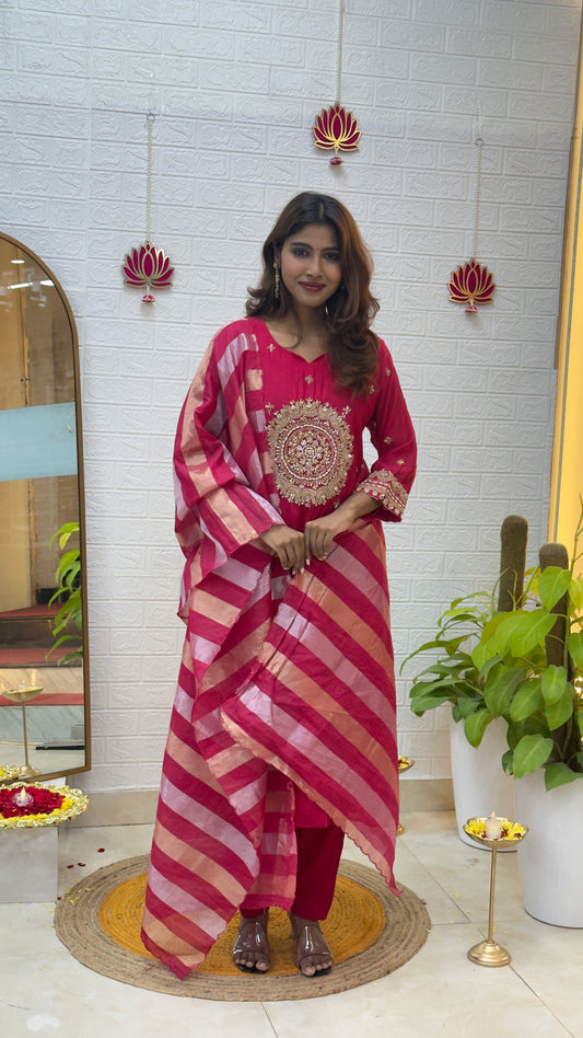 Premium Mul Chanderi with Zari Work & Tissue Dupatta - Pink