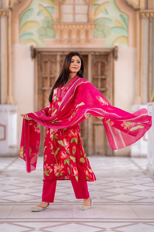 Lotus print Pink Cotton Suit