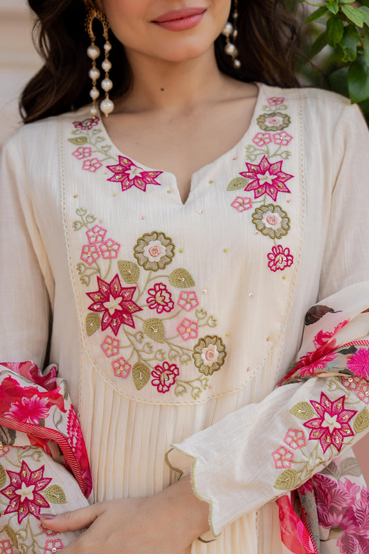 Premium Mul Cotton A-Line Suit Set with All-Over Embroidery & Digital Organza Dupatta – Cream