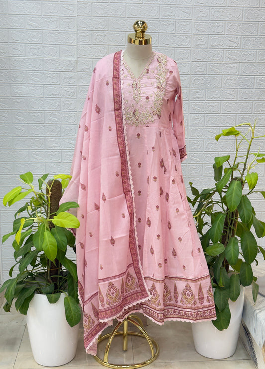 Premium Cotton Anarkali Suit Set – Baby Pink