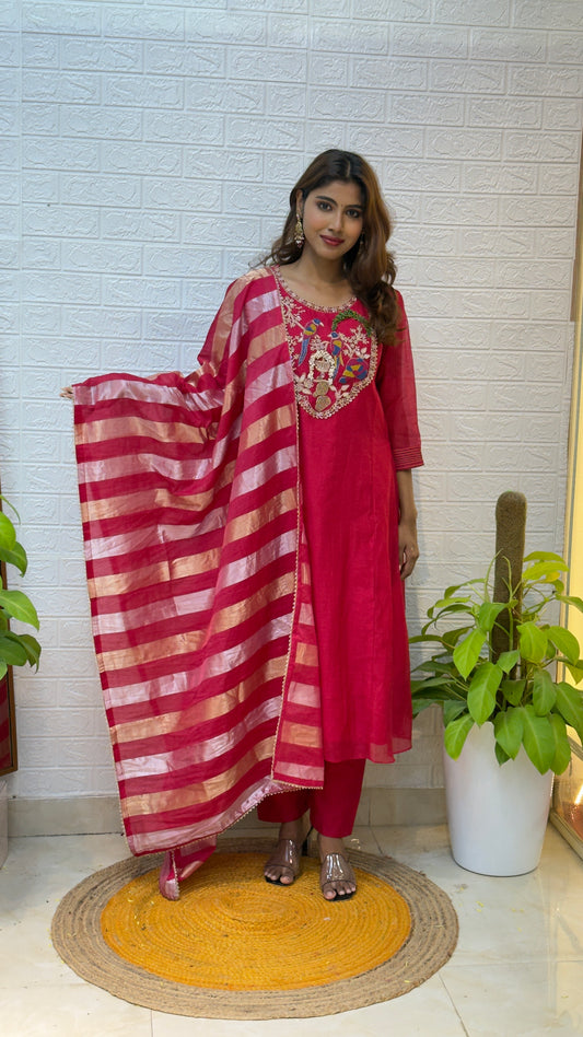 Mul Chanderi Suit with Tissue Dupatta – Pink Parrot Embroidery