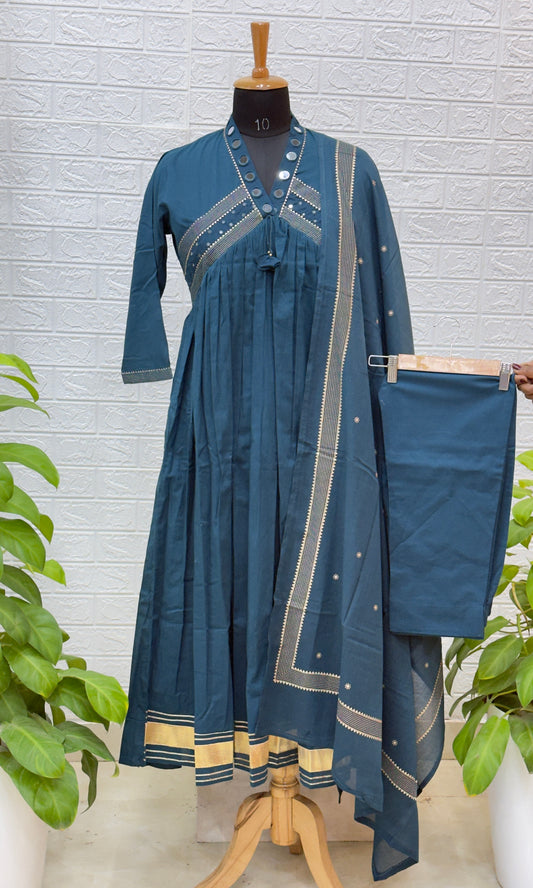Premium Mirror Work Cotton Anarkali Suit Set with Elegant Dupatta – Teal Blue