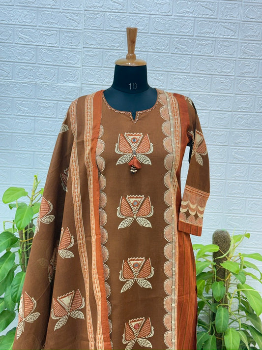 Premium Printed Cotton Suit with Traditional Motif Detailing – Earthy Brown